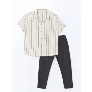 LCW Kids BEJ Resort Yaka Çizgili Erkek Çocuk Gömlek ve Pantolon 2li