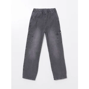 LCW Kids SİYAH Beli Lastikli Kız Çocuk Kargo Jean Pantolon