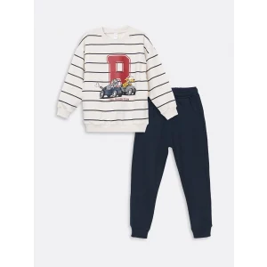 LCW Kids BEYAZ Bisiklet Yaka Baskılı Erkek Çocuk Sweatshirt ve Eşofman Alt 2li