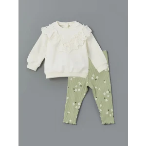 LCW baby EKRU Bisiklet Yaka Kız Bebek Sweatshirt ve Tayt 2li