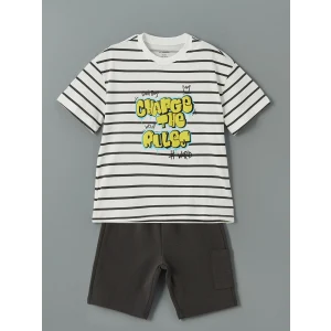 LCW Kids EKRU Bisiklet Yaka Baskılı Erkek Çocuk Tişört ve Şort 2li