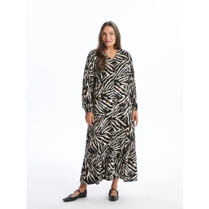 LCW Grace KAHVERENGİ V Yaka Desenli Kadın Elbise