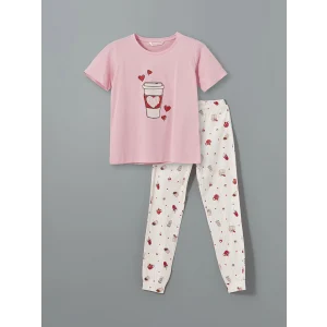 LCW DREAM PEMBE Bisiklet Yaka Baskılı Kadın Pijama Takımı