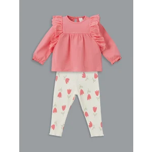 LCW baby PEMBE Bisiklet Yaka Çiçekli Kız Bebek Bluz ve Tayt 2li