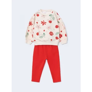 LCW baby PEMBE Bisiklet Yaka Çiçekli Kız Bebek Sweatshirt ve Tayt 2li