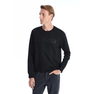 LCWAIKIKI Classic SİYAH Bisiklet Yaka Uzun Kollu Baskılı Erkek Sweatshirt