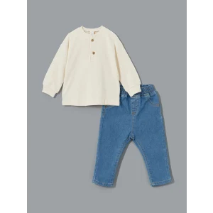 LCW baby EKRU Bisiklet Yaka Basic Erkek Bebek Sweatshirt ve Pantolon 2li