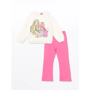 LCW Kids EKRU Baskılı Kız Çocuk Sweatshirt ve Tayt Pantolon 2li
