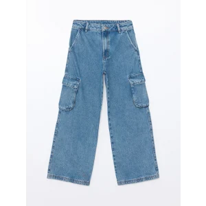 LCW Kids MAVİ Beli Ayarlanabilir Lastikli Kız Çocuk Kargo Jean Pantolon