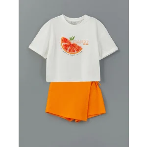 LCW Kids EKRU Bisiklet Yaka Kız Çocuk Tişört ve Şort Etek