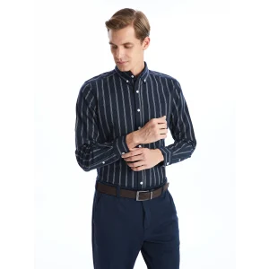 LCWAIKIKI Classic LACİVERT Regular Fit Uzun Kollu Çizgili Erkek Gömlek