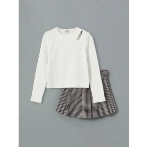 LCW Kids EKRU Bisiklet Yaka Kız Çocuk Tişört ve Şort Etek