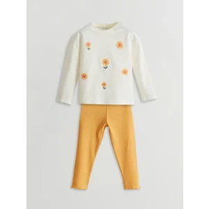 LCW baby EKRU Bisiklet Yaka Çiçekli Kız Bebek Bluz ve Tayt 2li