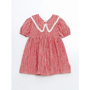 LCW Kids KIRMIZI Ekoseli Krinkle Dantel Detaylı Kız Çocuk Elbise