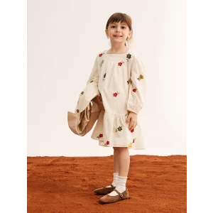 LCW baby EKRU Çiçek Nakışlı Poplin Volanlı Kız Çocuk Elbise