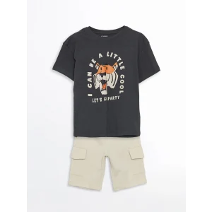 LCW Kids ANTRASİT Bisiklet Yaka Baskılı Erkek Çocuk Tişört ve Şort 2li