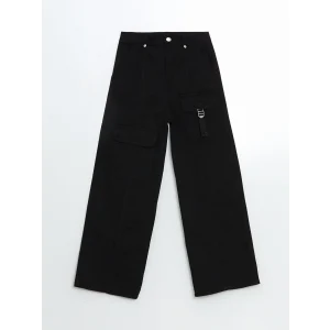 LCW Kids SİYAH Beli Ayarlanabilir Lastikli Kız Çocuk Kargo Pantolon