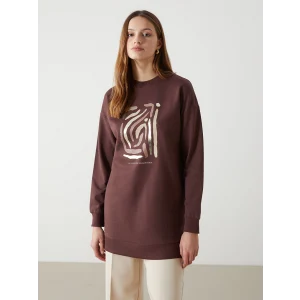 LCW Modest KAHVERENGİ Bisiklet Yaka Baskılı Oversize Kadın Sweatshirt Tunik