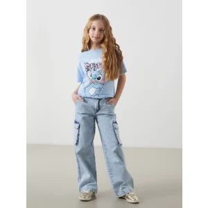 LCW Kids MAVİ Beli Ayarlanabilir Lastikli Kız Çocuk Kargo Jean Pantolon