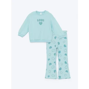 LCW Kids TURKUAZ Bisiklet Yaka Uzun Kollu Baskılı Kız Çocuk Sweatshirt ve Tayt 2li