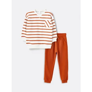 LCW Kids BEJ Çizgili Erkek Çocuk Tişört ve Eşofman Alt 2li