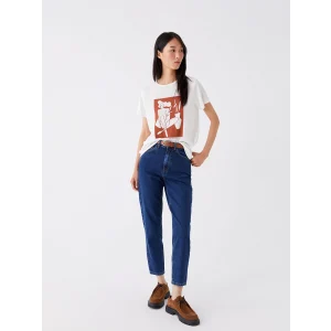 LCW Jeans İNDİGO Beli Kemerli Mom Fit Kadın Jean Pantolon