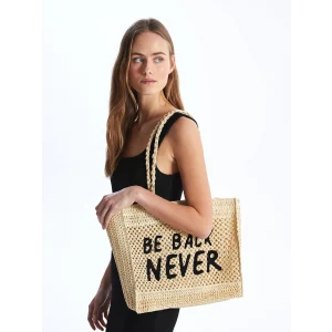 LCW ACCESSORIES EKRU Yazı Baskılı Kadın Hasır Kol Çantası