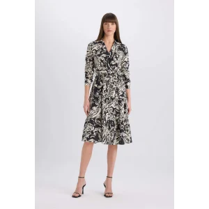 Defacto E5995 Siyah Gömlek Yaka Desenli Uzun Kollu Midi Elbise