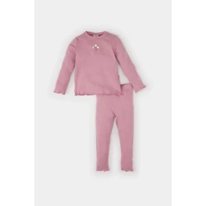 Defacto Y1122 Bordo Kız Bebek 2li Takım Çiçekli Fitilli Kaşkorse Uzun Kollu Tişört Üst Beli Lastikli Alt