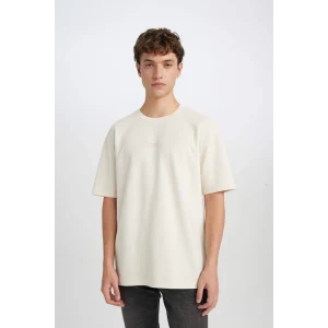 Defacto D5494 Ekru Boxy Fit Bisiklet Yaka Baskılı Kısa Kollu Ağır Kumaş Tişört