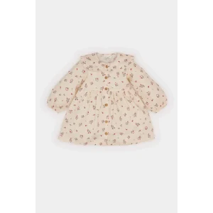 Defacto D9552 Bej Kız Bebek Çiçekli Uzun Kollu Twill Elbise