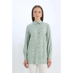 Defacto Z5833 Yeşil Regular Fit Desenli Uzun Kollu Gömlek Tunik