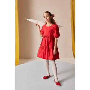 Defacto B6927 Kırmızı Kız Çocuk 23 Nisan Çocuk Bayramı Bisiklet Yaka Pamuklu Kısa Kollu Kırmızı Elbise