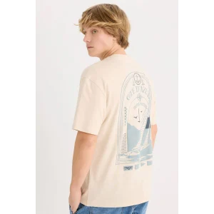Defacto D7815 Bej Boxy Fit Bisiklet Yaka Sırt Baskılı Kısa Kollu Tişört