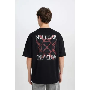 Defacto B8091 Siyah Vikings Valhalla Boxy Fit Bisiklet Yaka Baskılı Kısa Kollu Tişört