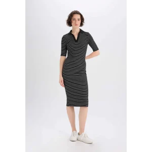 Defacto E6792 Siyah Bodycon Vücudu Saran Polo Yaka Fitilli Kaşkorse Kısa Kollu Midi Elbise