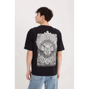 Defacto E1484 Siyah Boxy Fit Bisiklet Yaka Sırt Baskılı Kısa Kollu Tişört