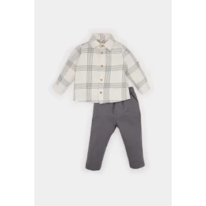 Defacto E0322 Gri Erkek Bebek 2li Takım Kareli Uzun Kollu Gömlek Beli Lastikli Pantolon