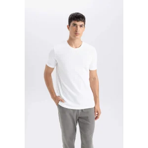 Defacto M6608 Ekru Slim Fit Dar Kesim Bisiklet Yaka Basic Düz Beyaz Kısa Kollu Tişört