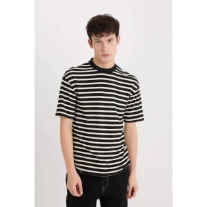 Defacto B5910 Siyah Boxy Fit Bisiklet Yaka Çizgili Kısa Kollu Ağır Kumaş Tişört
