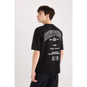 Defacto D5571 Siyah Boxy Fit Bisiklet Yaka Sırt Baskılı Kısa Kollu Tişört