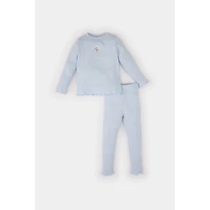 Defacto Y1122 Mavi Kız Bebek 2li Takım Çiçekli Fitilli Kaşkorse Uzun Kollu Tişört Üst Beli Lastikli Alt