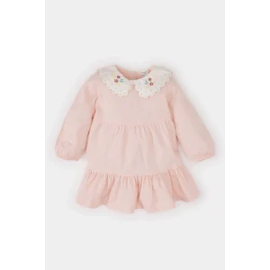 Defacto D9565 Pembe Kız Bebek Bebe Yaka Çiçek Nakışlı Uzun Kollu Twill Elbise