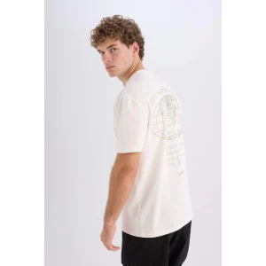 Defacto D7331 Ekru Regular Fit Bisiklet Yaka Sırt Baskılı Kısa Kollu Ağır Kumaş Tişört