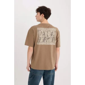 Defacto D9347 Kahve Oversize Geniş Kalıp Bisiklet Yaka Sırt Baskılı Kısa Kollu Tişört