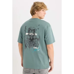 Defacto D9845 Yeşil Batman Boxy Fit Bisiklet Yaka Sırt Baskılı Kısa Kollu Tişört