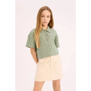 Defacto D9143 Yeşil Kız Çocuk Crop Keten Kısa Kollu Gömlek
