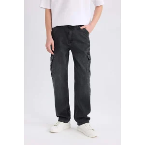 Defacto E6694 Siyah Relax Fit Rahat Kesim Geniş Paça Kargo Cepli Jean Pantolon
