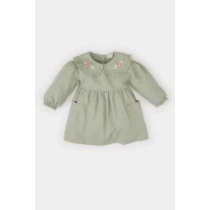 Defacto D9566 Yeşil Kız Bebek Büyük Yaka Nakışlı Uzun Kollu Cepli Twill Elbise