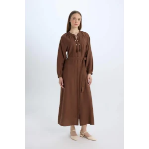 Defacto D7322 Kahve Relax Fit Hakim Yaka Uzun Kollu Maxi Elbise